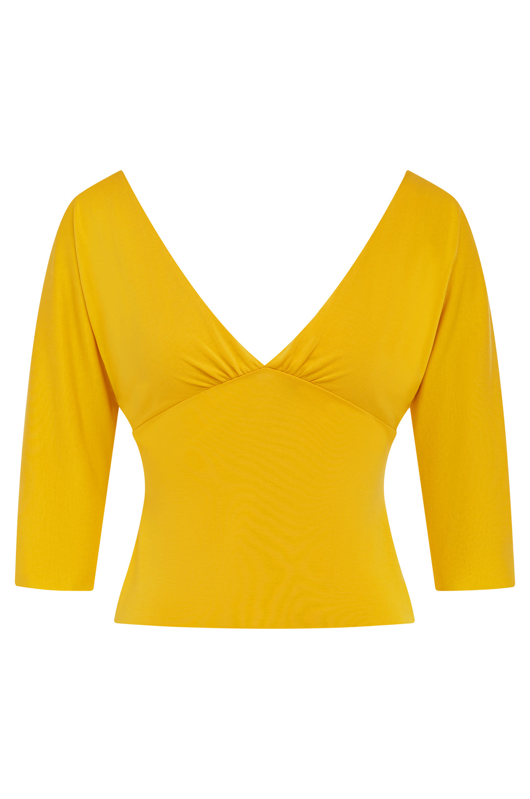 Golden yellow slim fit Lana top with a V-neckline, half sleeves, and gathered bust detailing.