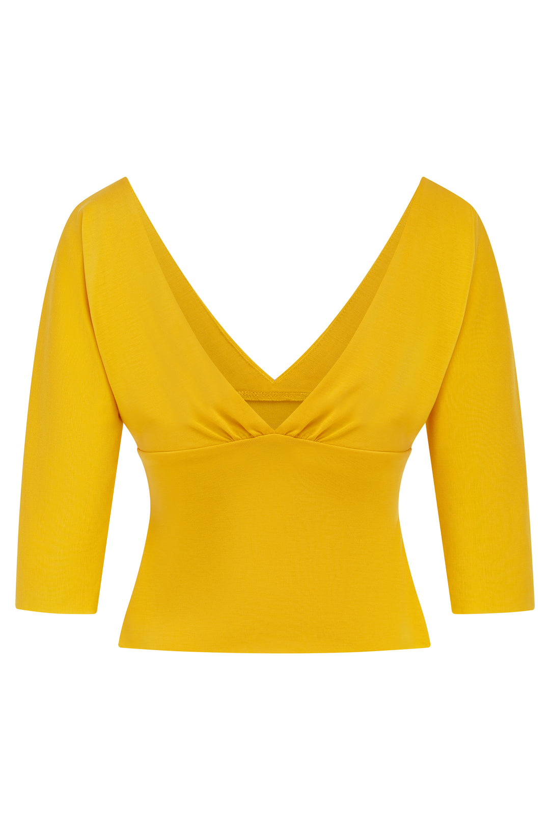 Golden yellow slim fit Lana top with a deep V-neckline, half sleeves, and gathered bust detailing with raw edge hems.