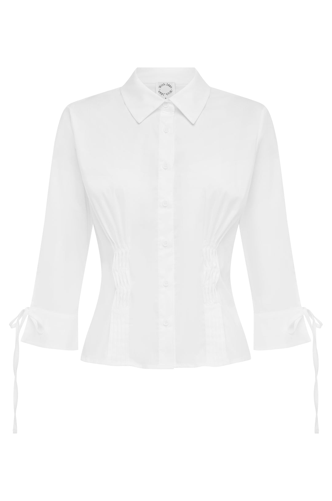 Fitted white collared shirt with button-front, waist pintuck detailing, and 3/4 sleeves with split tie cuffs.
