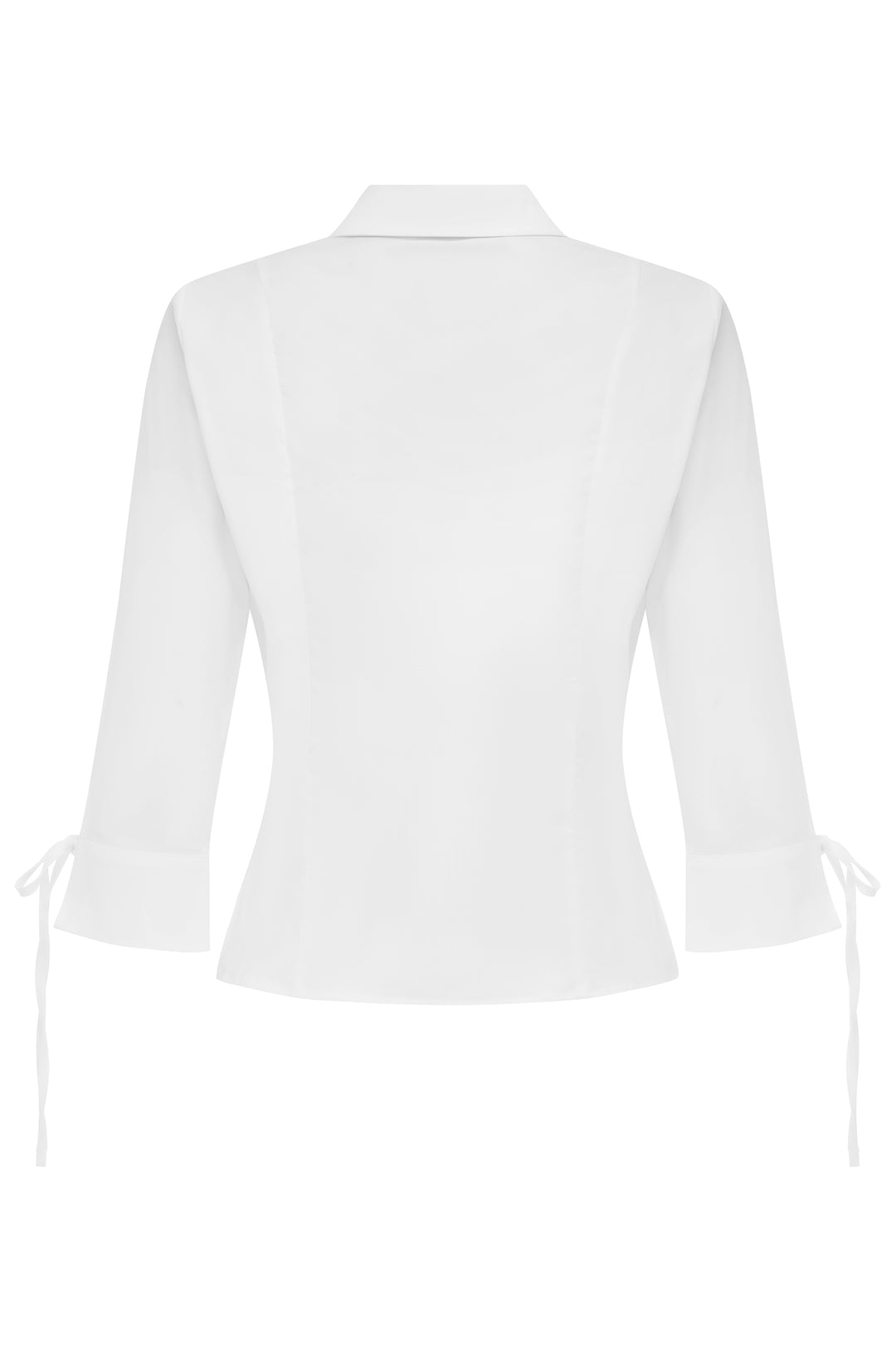 Back view of a white fitted Lauren top with a collared neckline and 3/4 sleeves featuring split cuffs with tie closures.