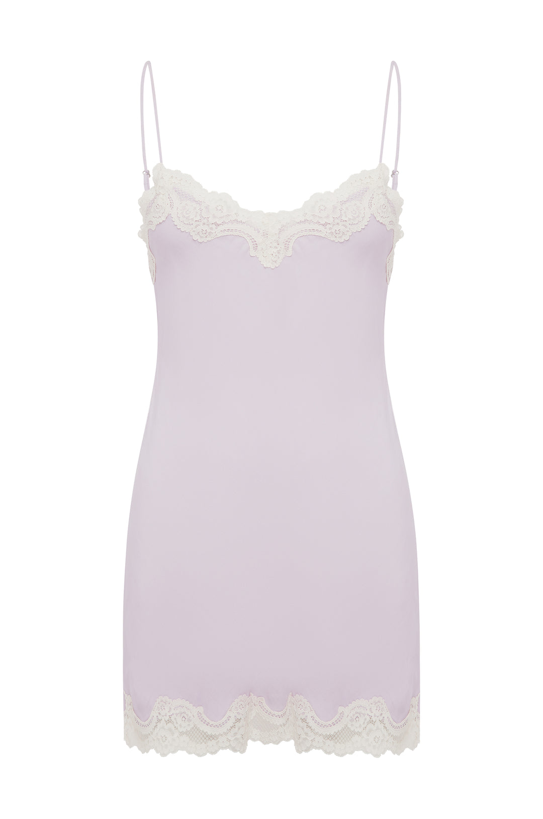 Lilac mini slip dress with adjustable spaghetti straps and white lace trim at the neckline and hem.