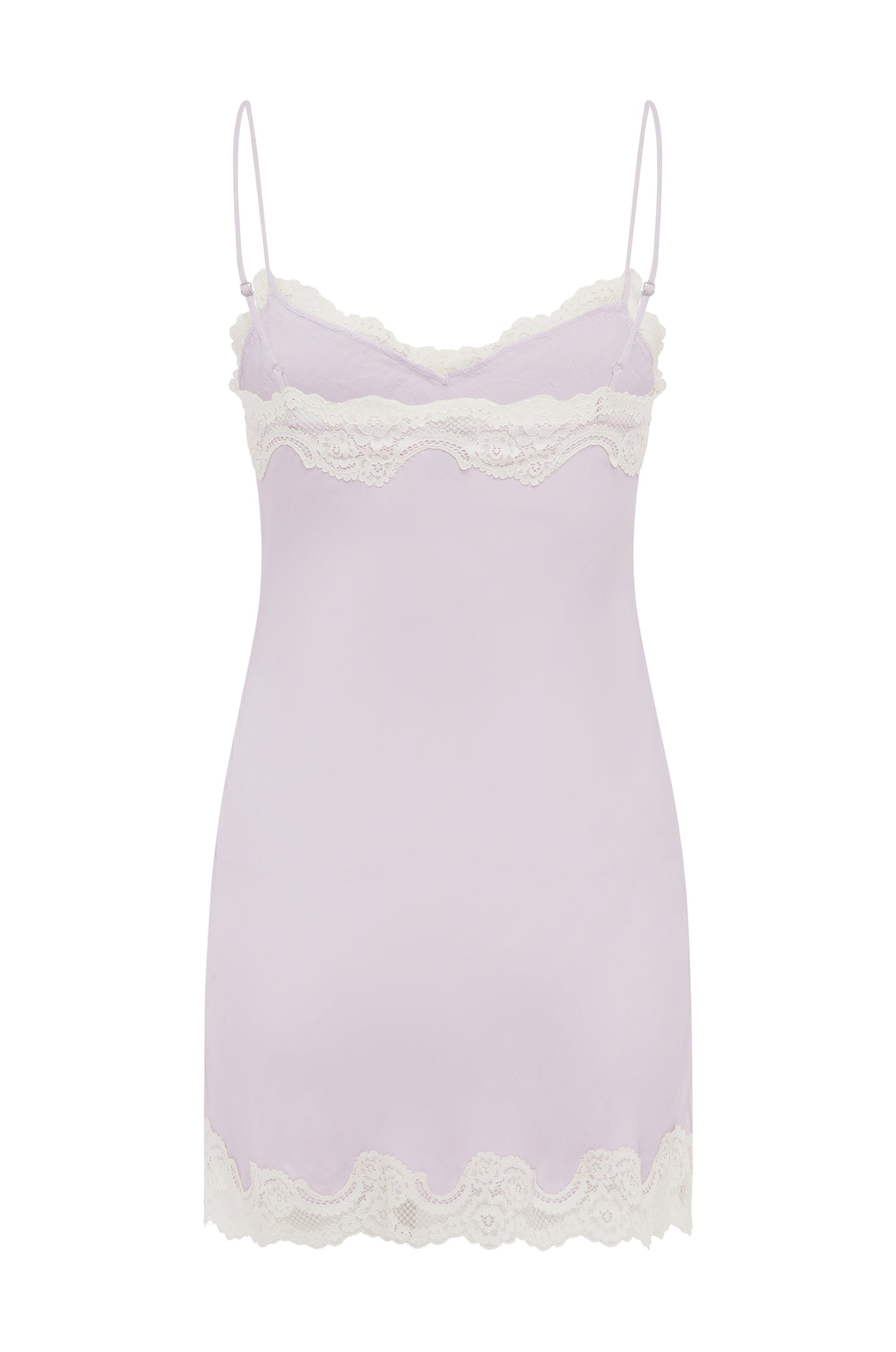 Lilac mini slip dress with adjustable spaghetti straps and delicate white lace trim on the neckline and hem.