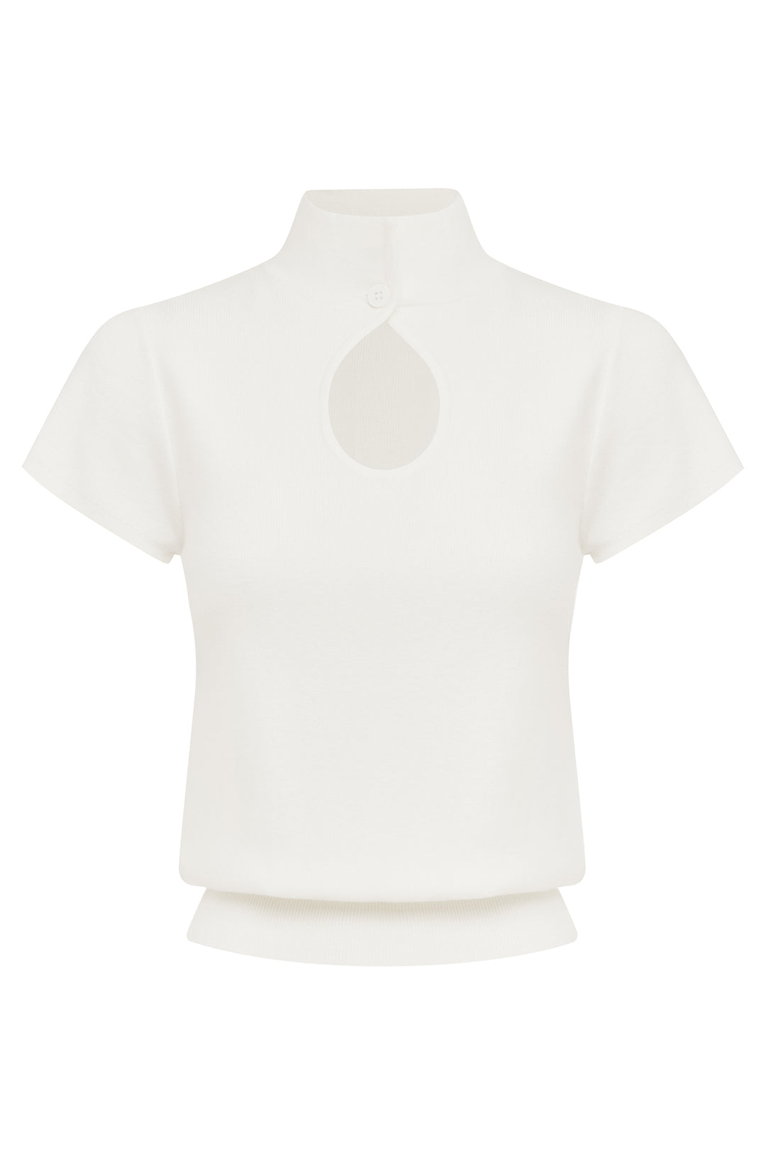 White knitted top with a high neck, button-up closure, front keyhole cutout, and a fitted waistband.