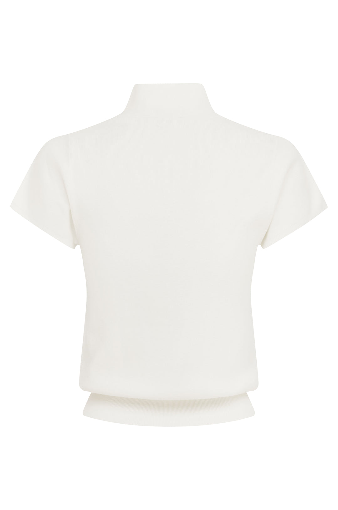 Back view of a white knitted short-sleeve top with a high neck and a fitted ribbed waistband.