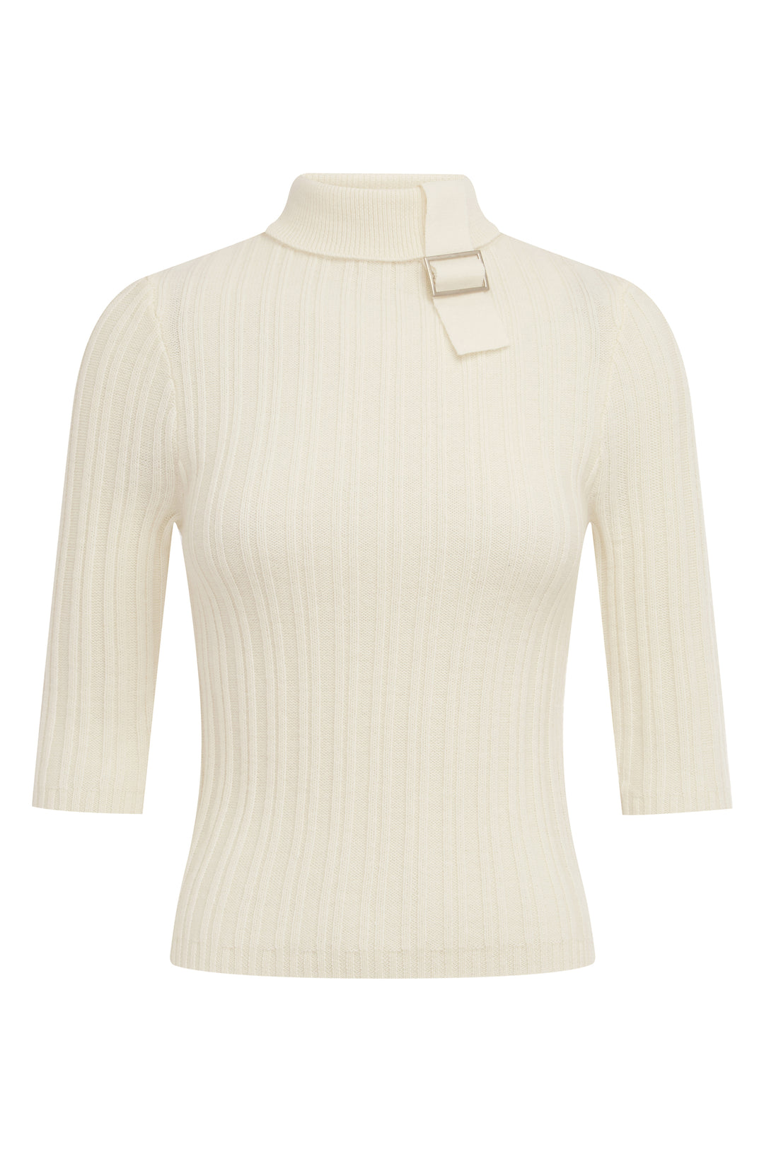 Off-white ribbed wool-knit top with a high neckline, half sleeves, and an adjustable silver buckle detail.