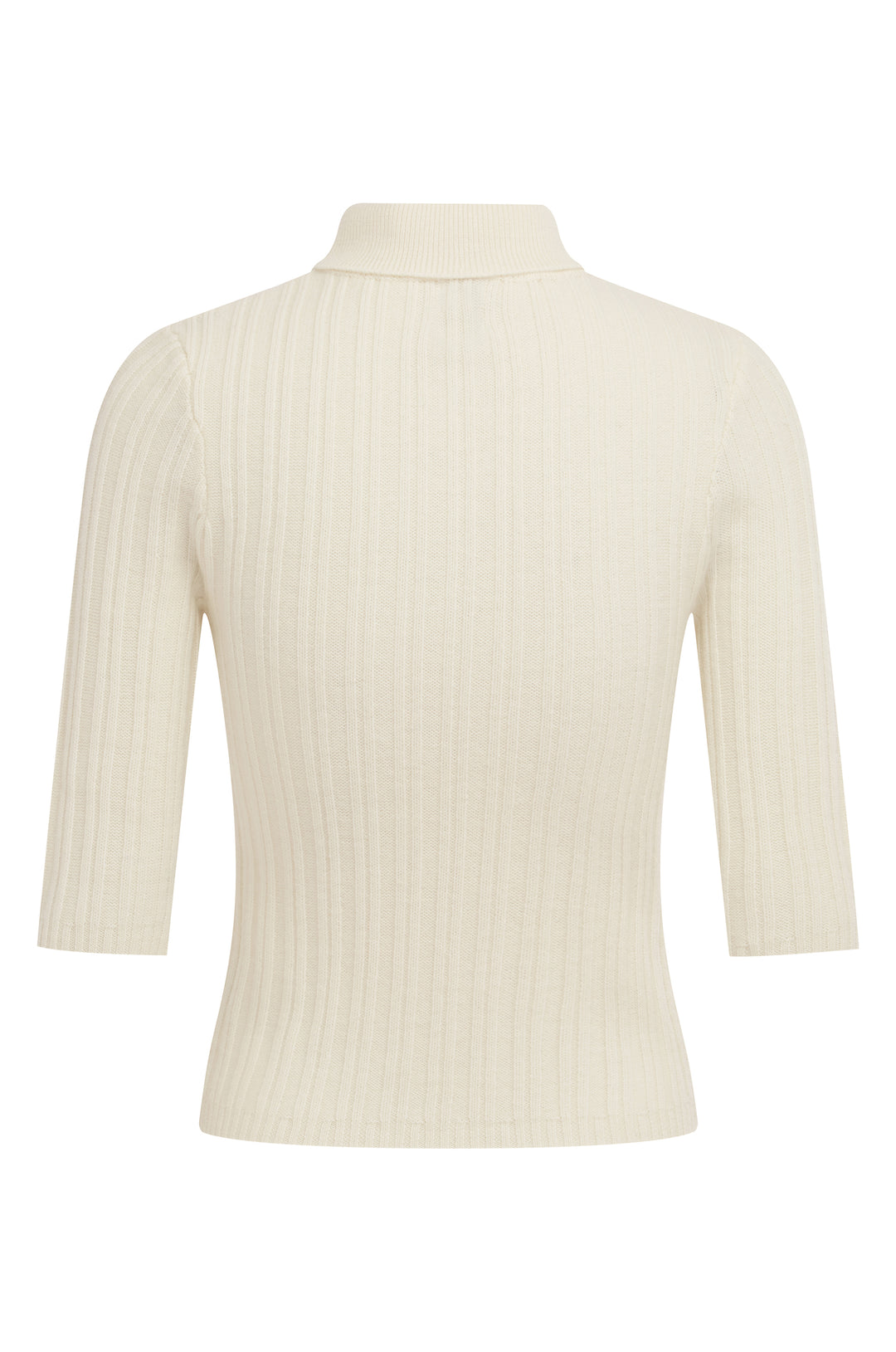Off-white fine wool-knit top with a high neckline, ribbed texture, and half sleeves, shown from the back.