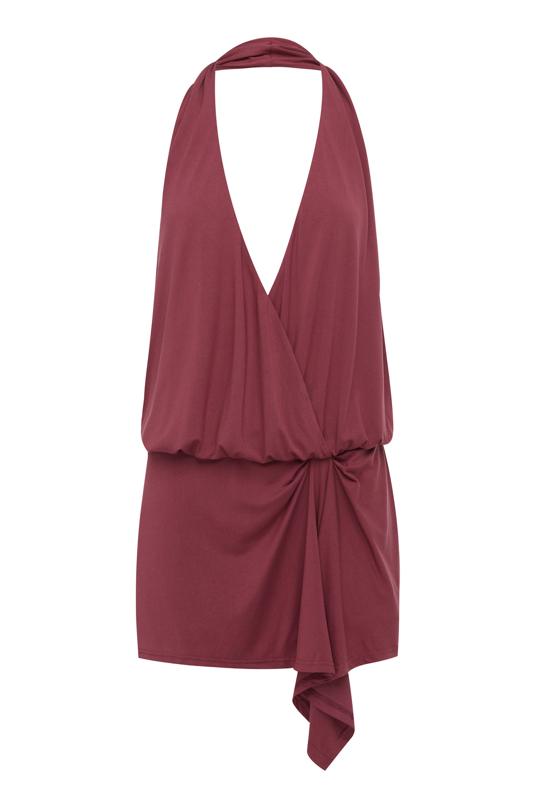 Plum halter-style mini dress with a deep V-neck, elasticated waist, and asymmetrical draped front hemline.