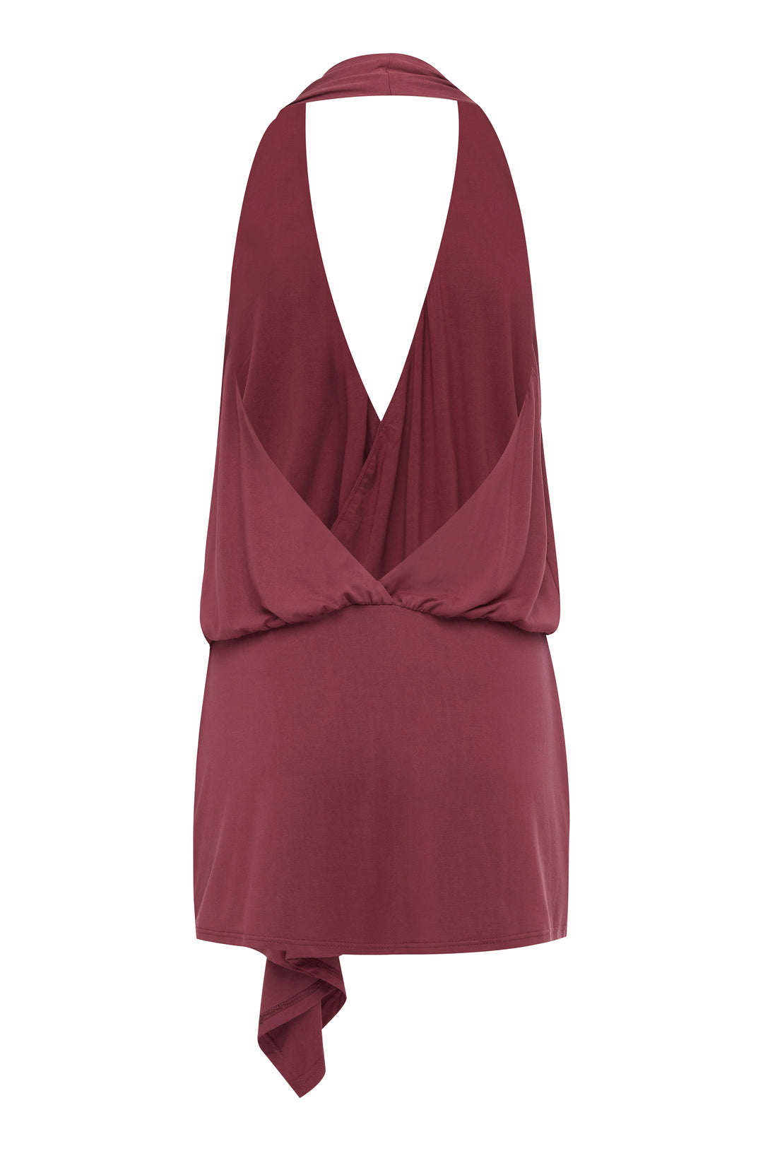 Plum halter-style mini dress with a deep V-neckline, elasticated waist, and an asymmetrical draped front hem.