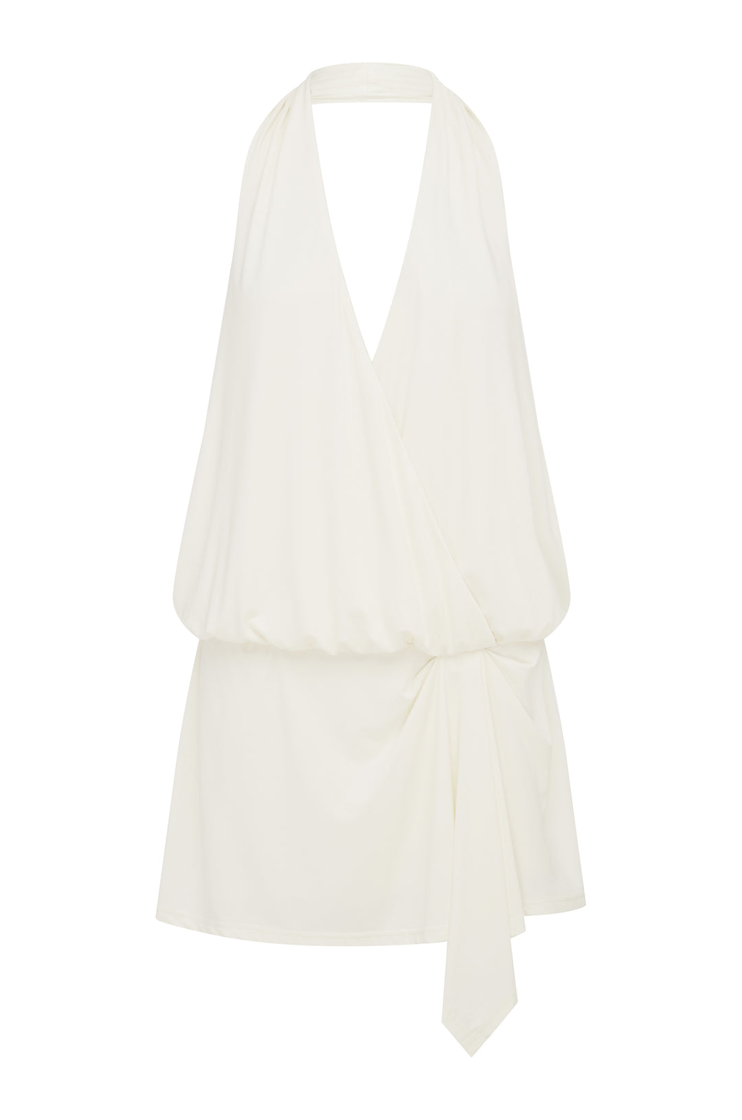 White Luna halter mini dress with V-neck, elasticated waist, and asymmetrical draped front hem.