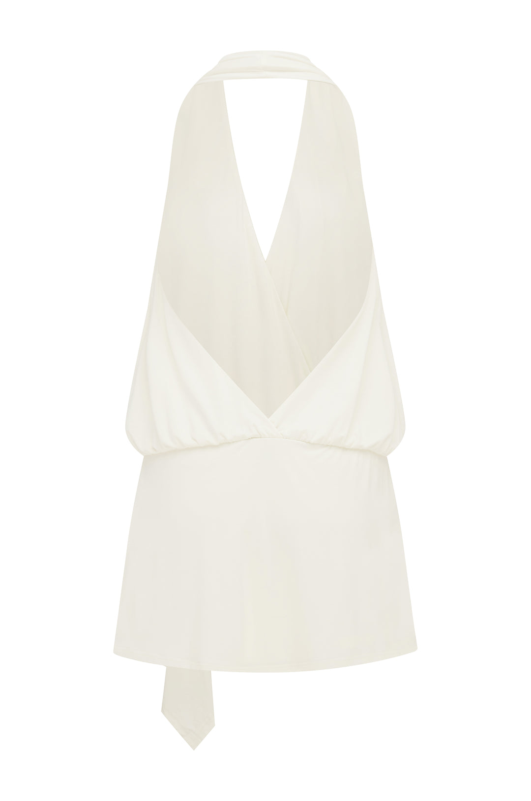 White Luna Dress: halter-style mini dress with V-neck, elasticated waist, and asymmetrical draped hem.
