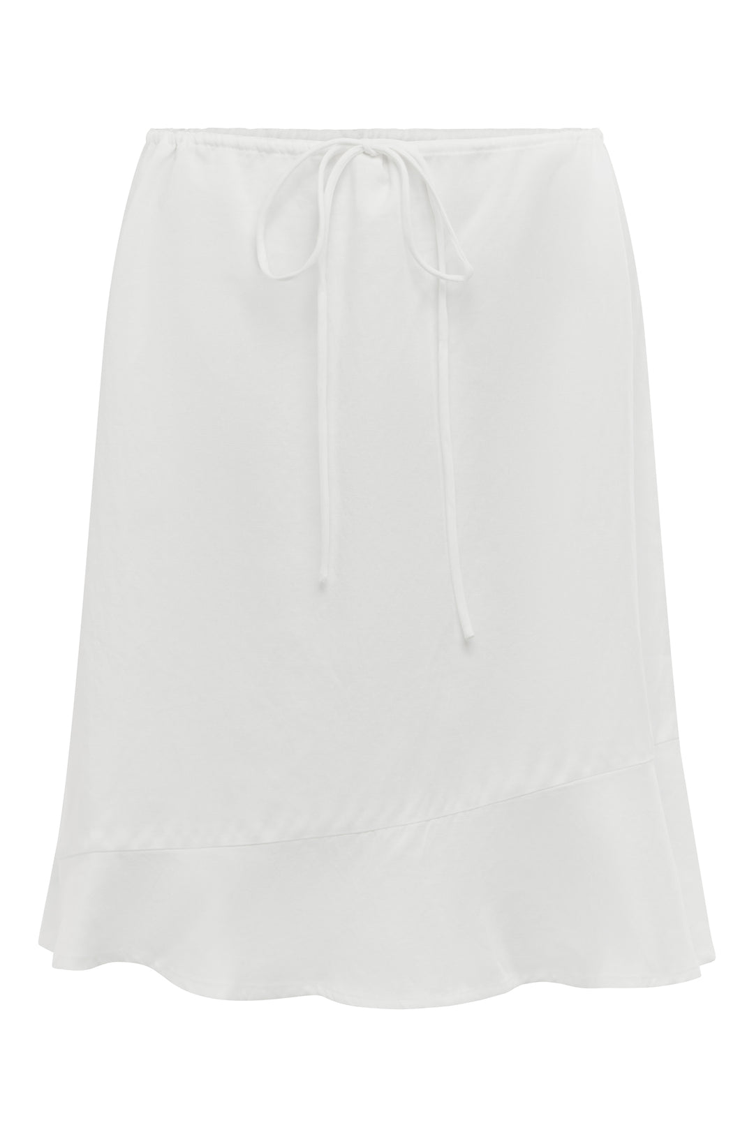 White low-rise skirt with an adjustable drawstring waist and asymmetrical ruffle hem detail.