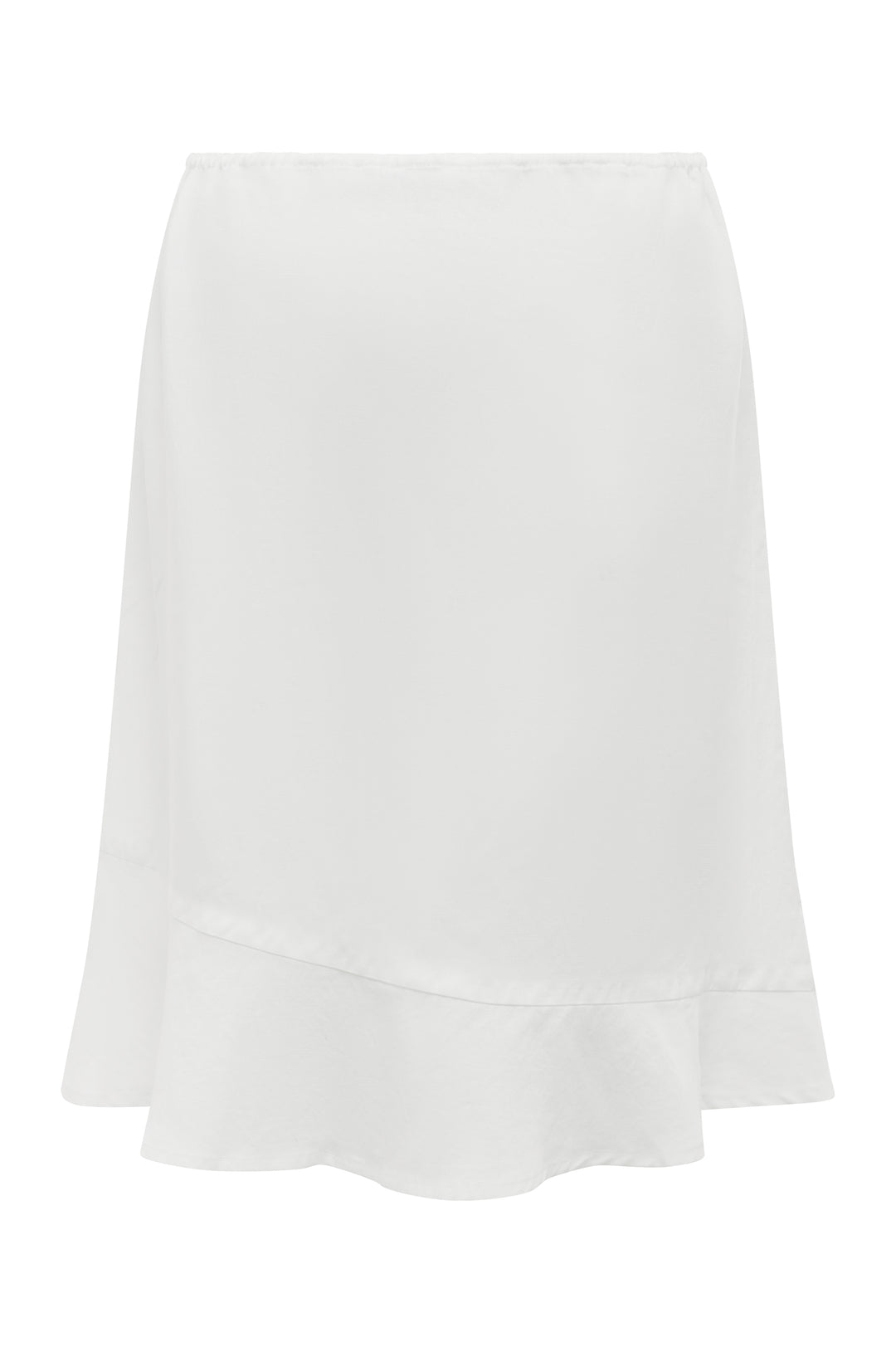 White low-rise Maisie skirt with an adjustable drawstring waist and asymmetrical ruffle hem detail.