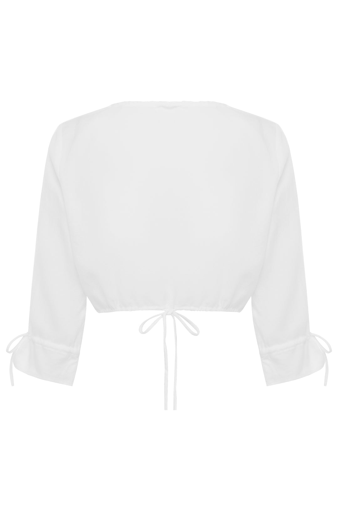 White cropped top with 3/4 sleeves, ruffle cuffs, tie detailing, and an adjustable drawstring hem.