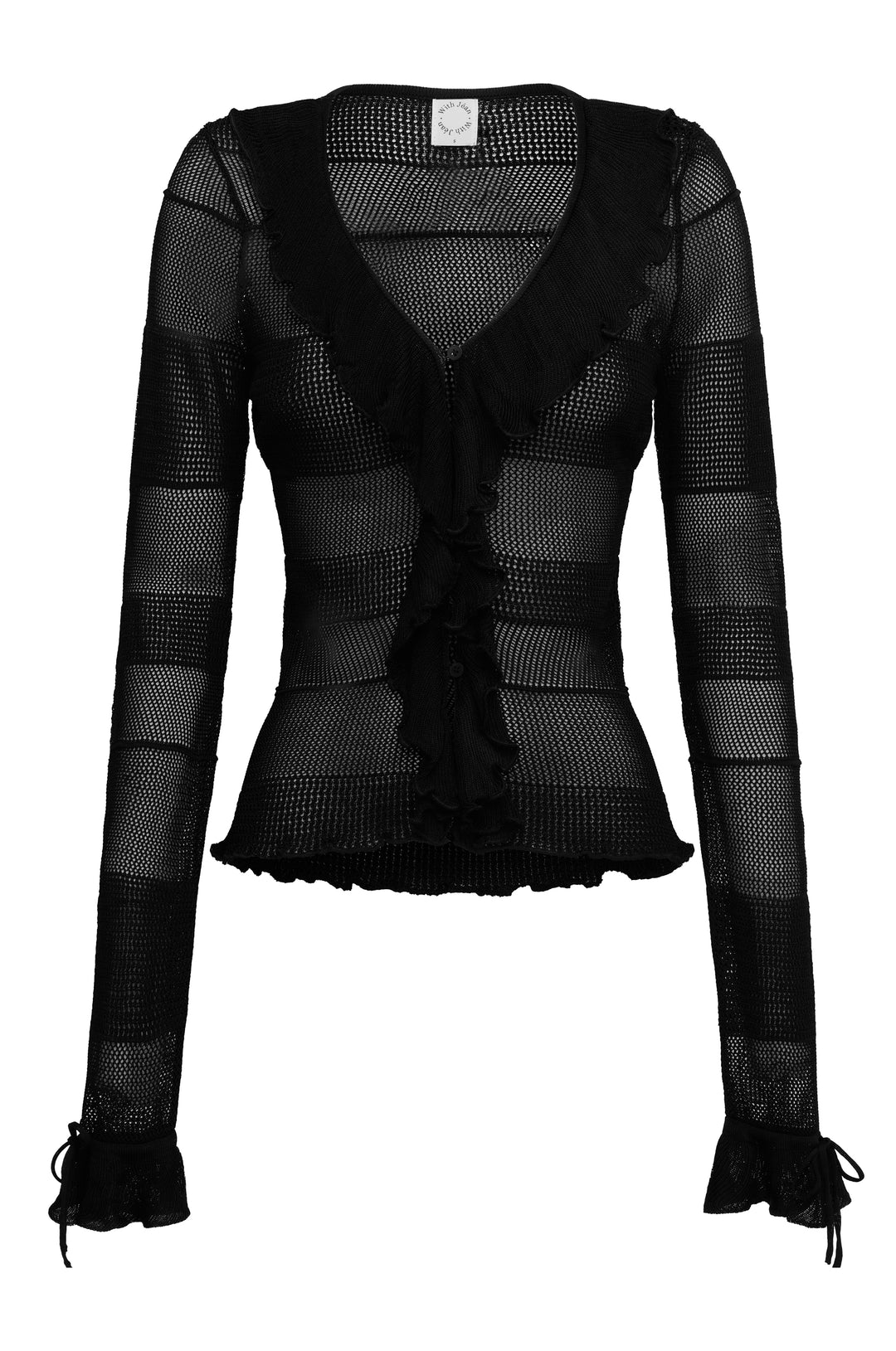 Black knitted long-sleeve top with a button-front, ruffled neckline, and tie-detail cuffs.
