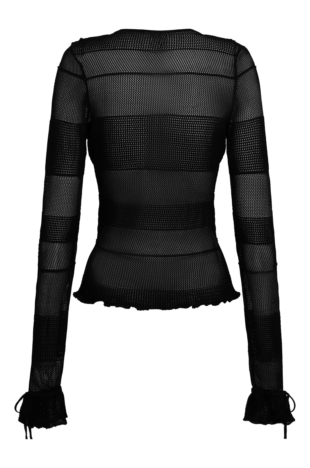 Black long-sleeve knitted top with a textured mesh design, ruffle hem, and tie detailing on the cuffs.