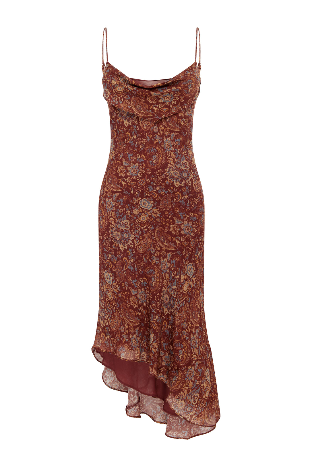 Terra paisley print midi dress with a cowl neck, spaghetti straps, and an asymmetrical hemline in sheer fabric.