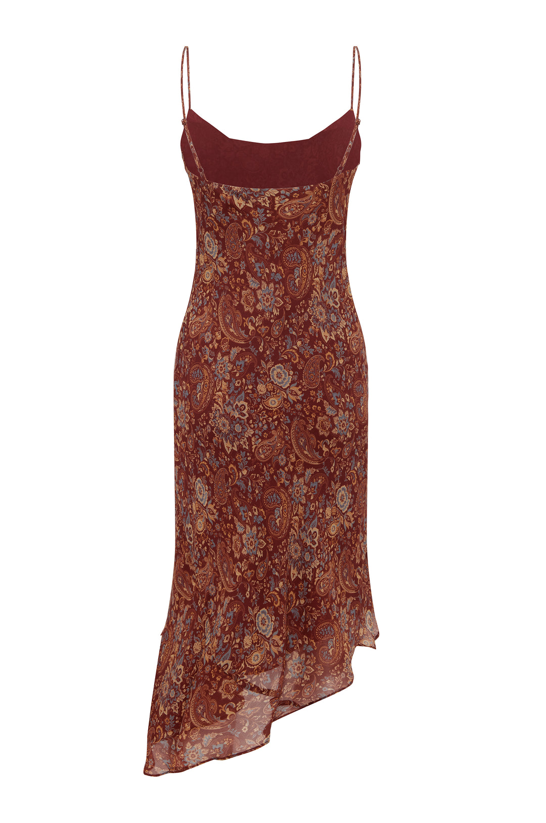 Mallory dress in terra paisley print with a cowl neck, spaghetti straps, and an asymmetrical hemline.