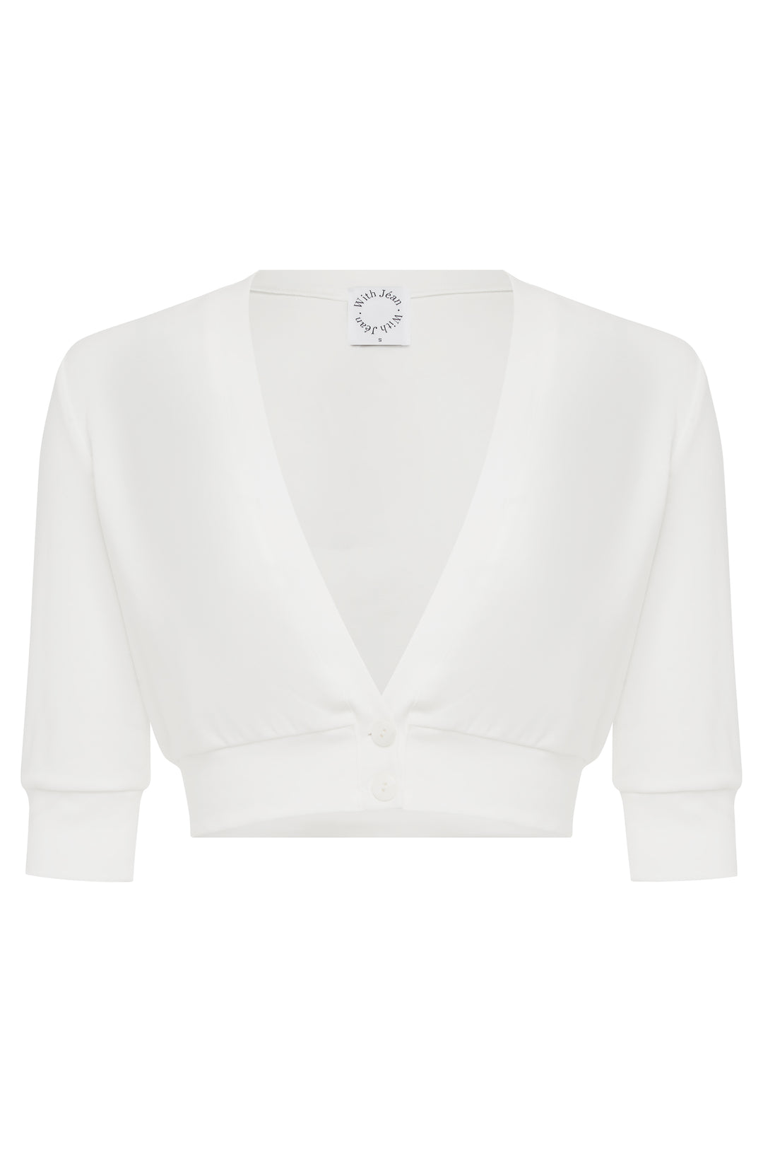 White cropped Marla top with a deep V-neckline, half sleeves, and a two-button front closure on a fitted underbust band.