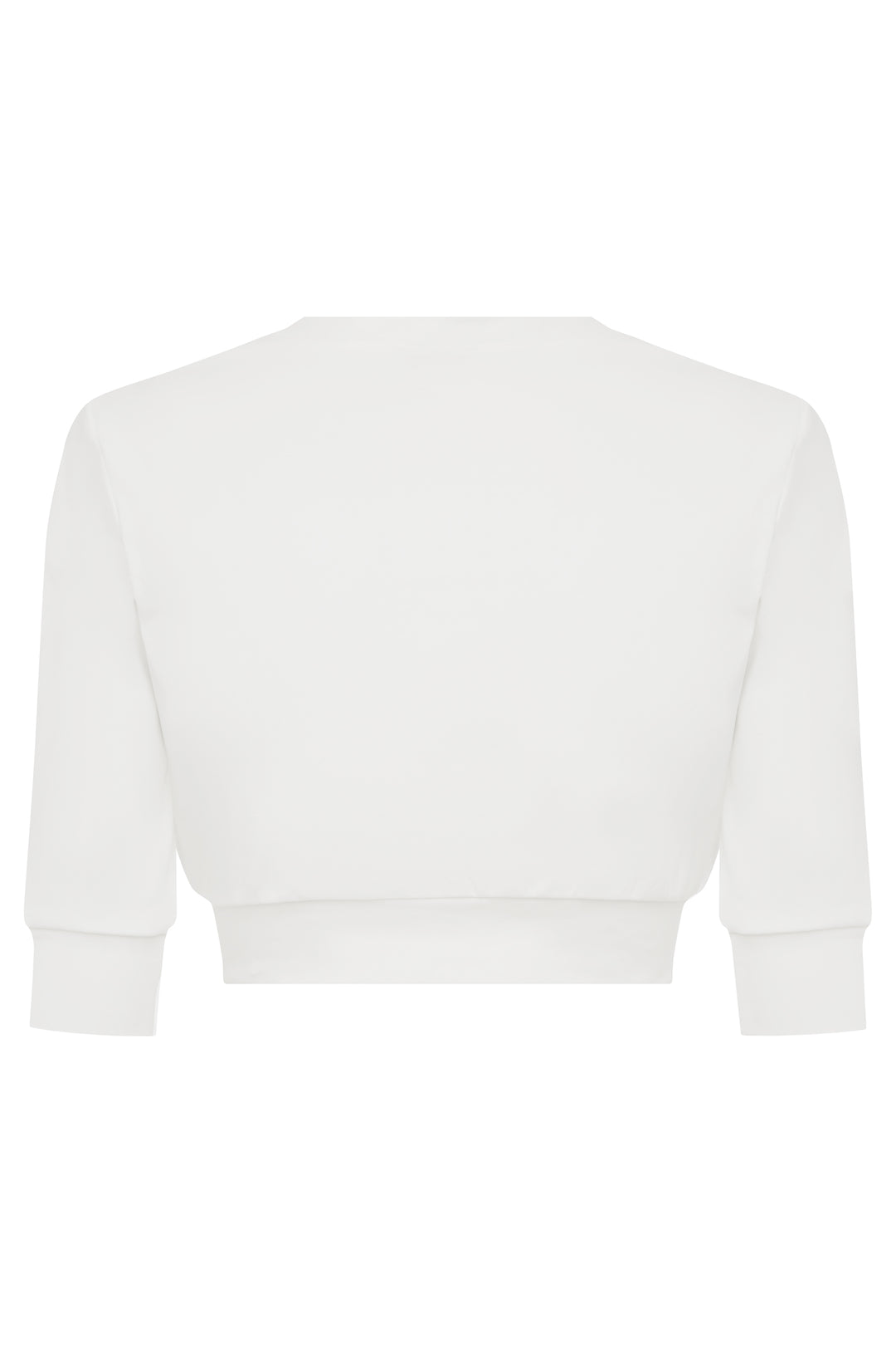 Back view of the white Marla cropped top featuring half sleeves and a fitted underbust band.