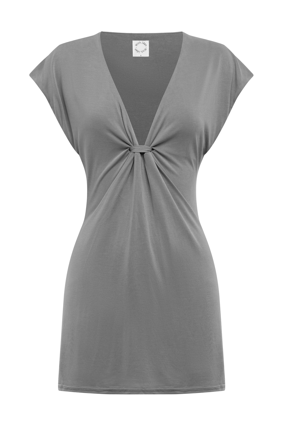 Slate grey mini dress with a V-neckline, cap sleeves, and gathered centre front loop detailing.