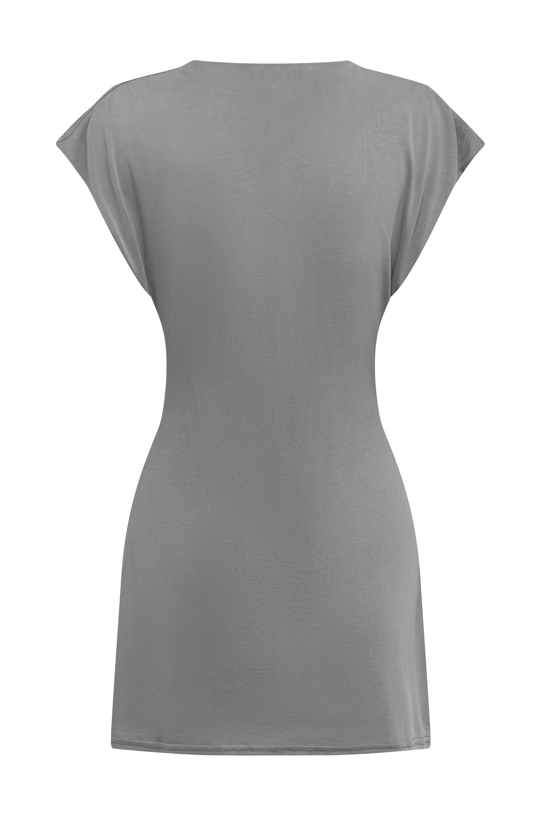 Back view of the slate grey Mika mini dress featuring cap sleeves and a smooth, fitted silhouette.