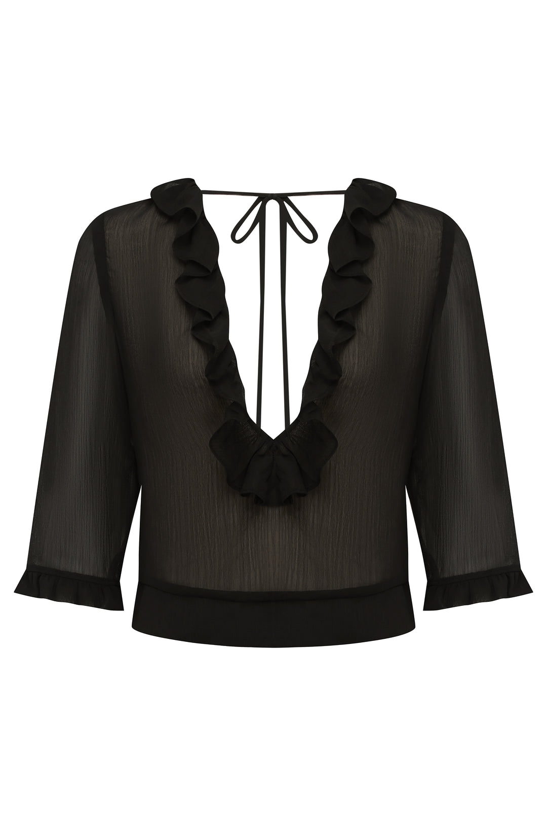 Black ruffle-trim blouse with a deep V-neck, open back, self-tie closure, and 3/4 length sleeves with ruffled cuffs.
