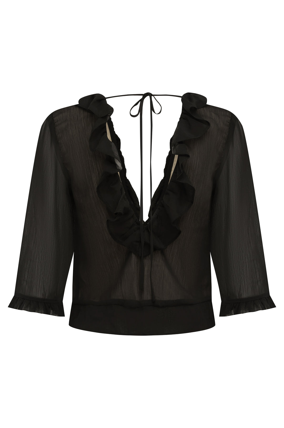 Black ruffle-trim blouse with a deep V-neck, open back, self-tie closure, and 3/4 length sleeves with ruffled cuffs.