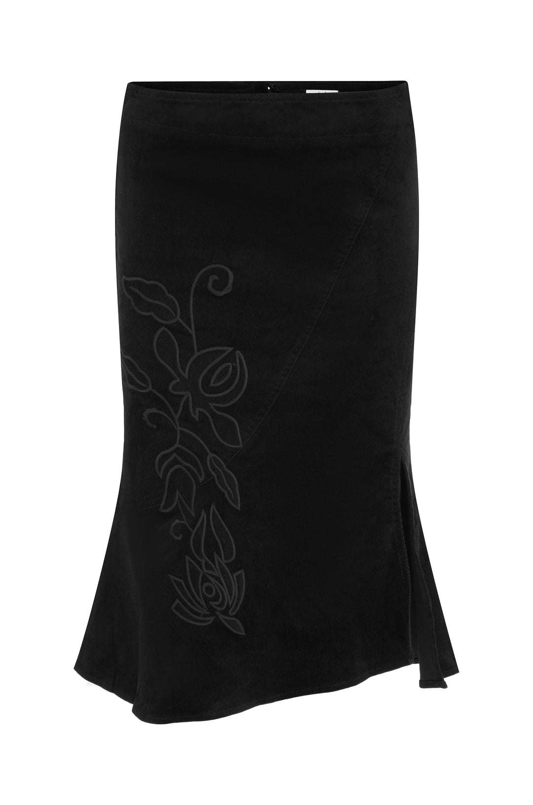Black Naomi midi skirt with custom embroidered floral applique and subtle front slit.