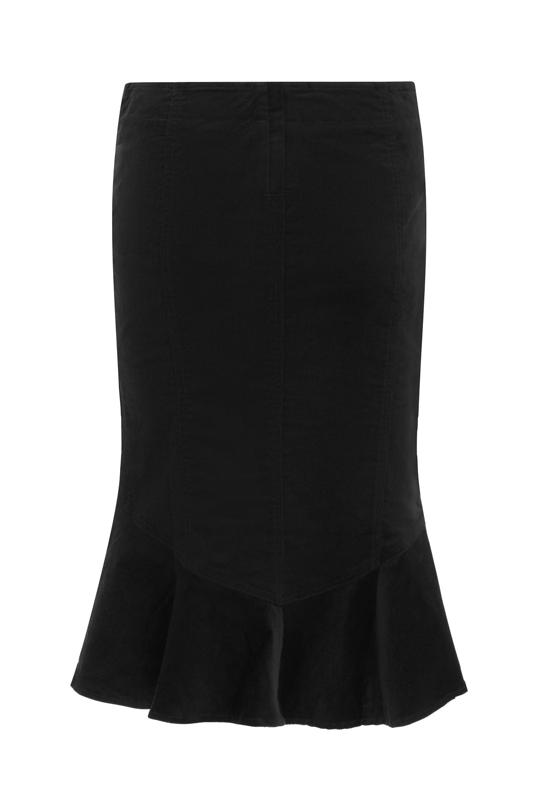 Black Naomi midi skirt with a subtle front slit and a ruffled hem.