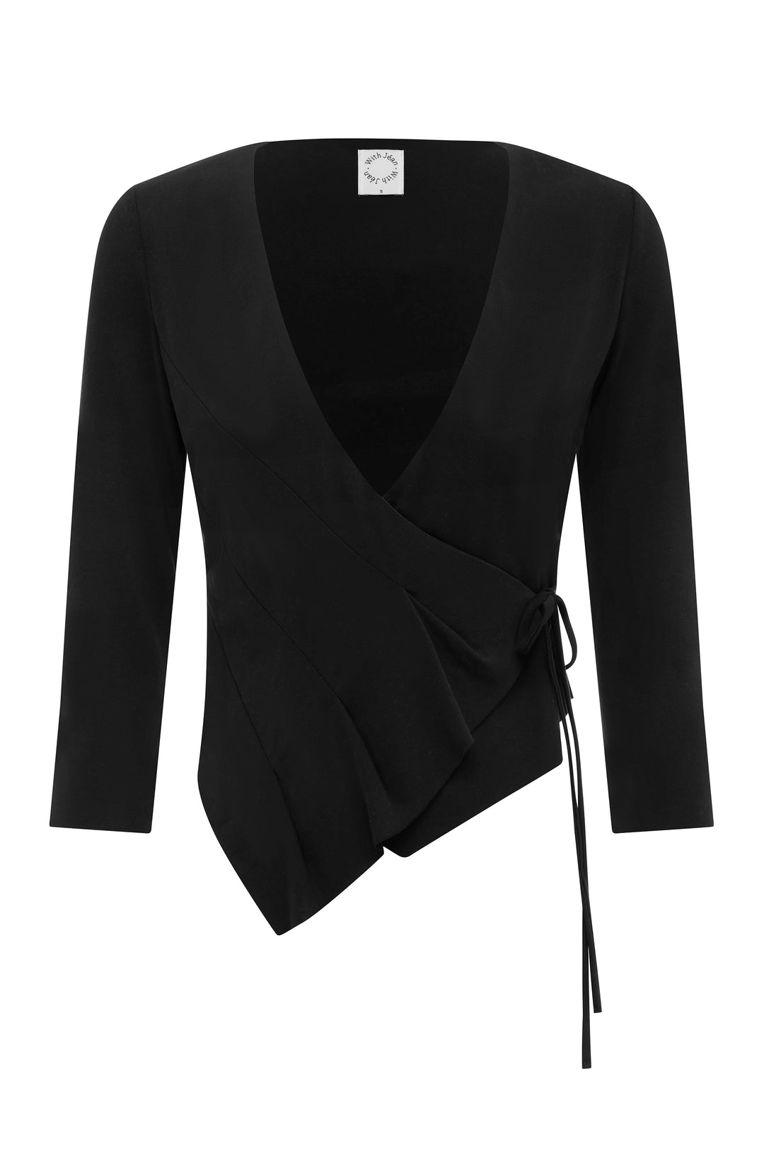 Black Nelly wrap top with V-neckline, 3/4 sleeves, ruffle detailing, and an asymmetrical hem with side tie closure.