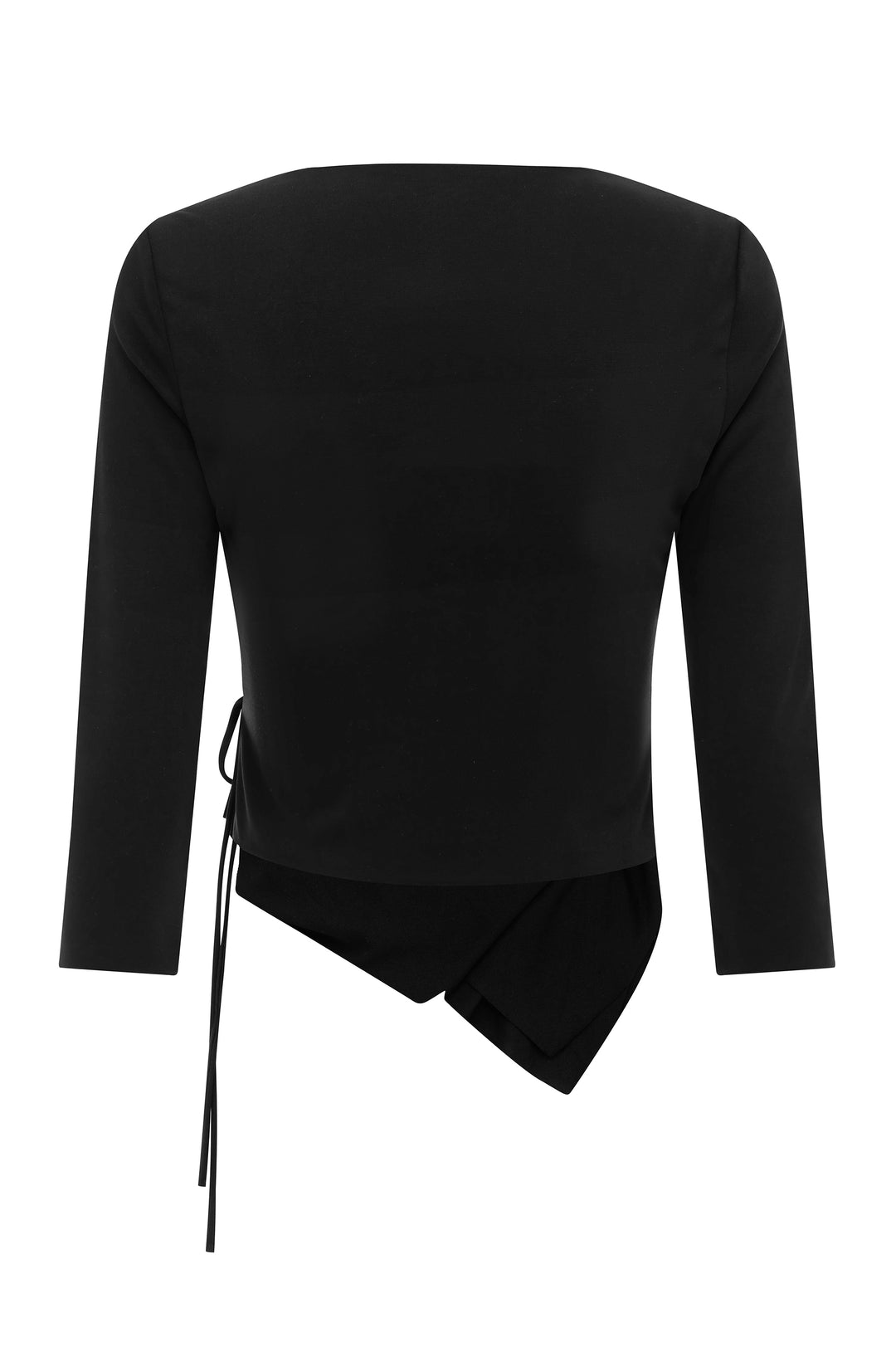 Back view of a black Nelly wrap top with 3/4 sleeves and an asymmetrical hem with side tie detailing.