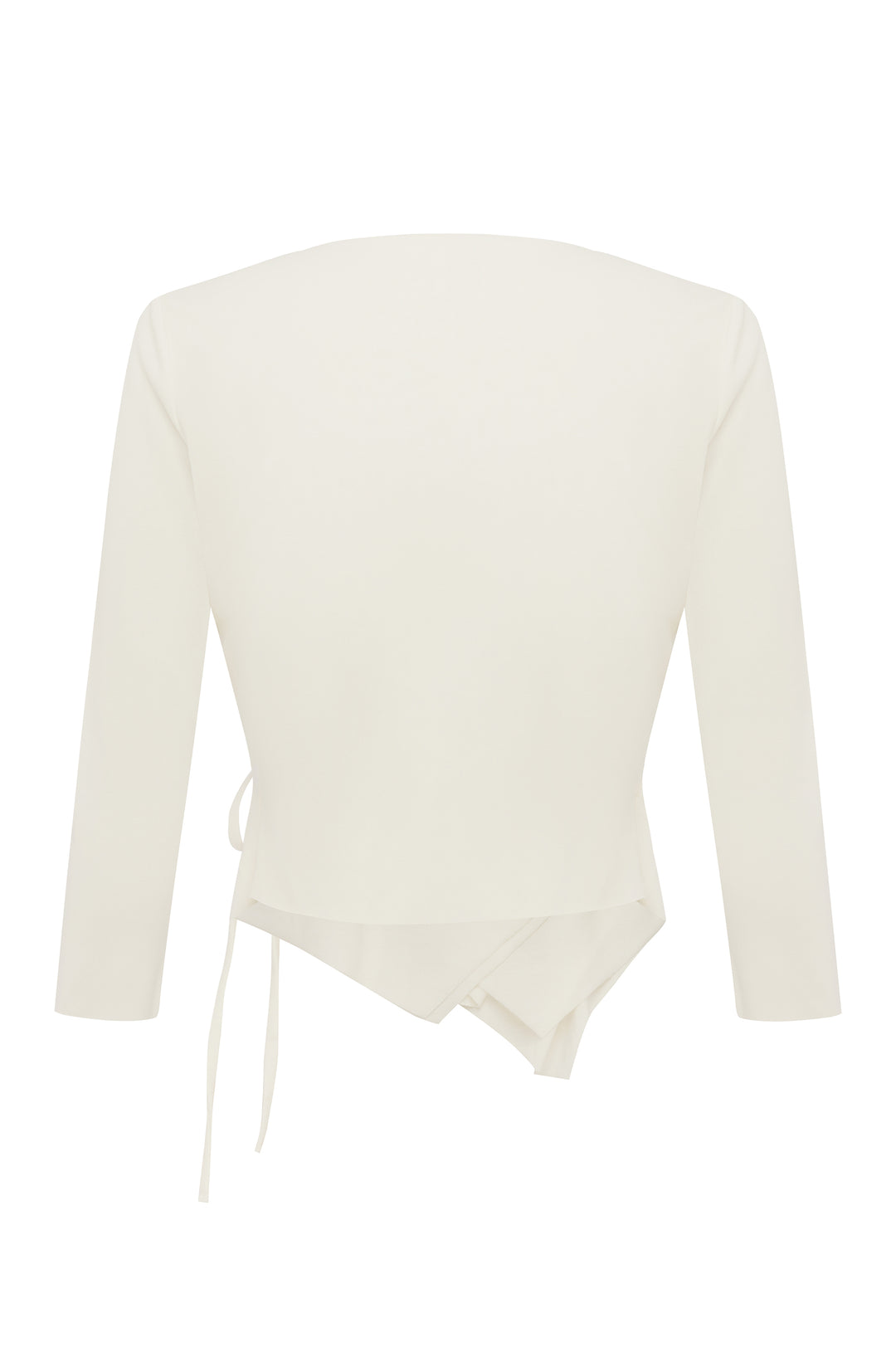 Off-white Nelly wrap top with 3/4 sleeves, V-neck, ruffles, and asymmetrical hem.