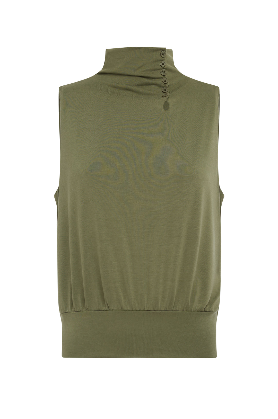 Army green sleeveless Nova top with a high neck, button-up closure, keyhole cut-out, and a fitted hem band.