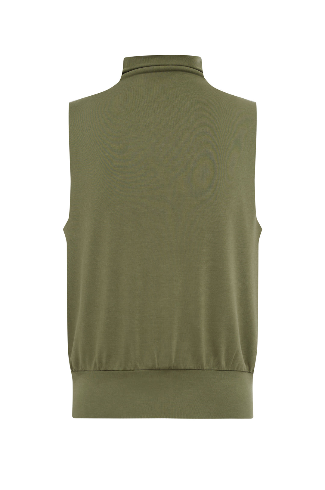 Back view of a sleeveless army green Nova top with a high neck and a fitted hem band.