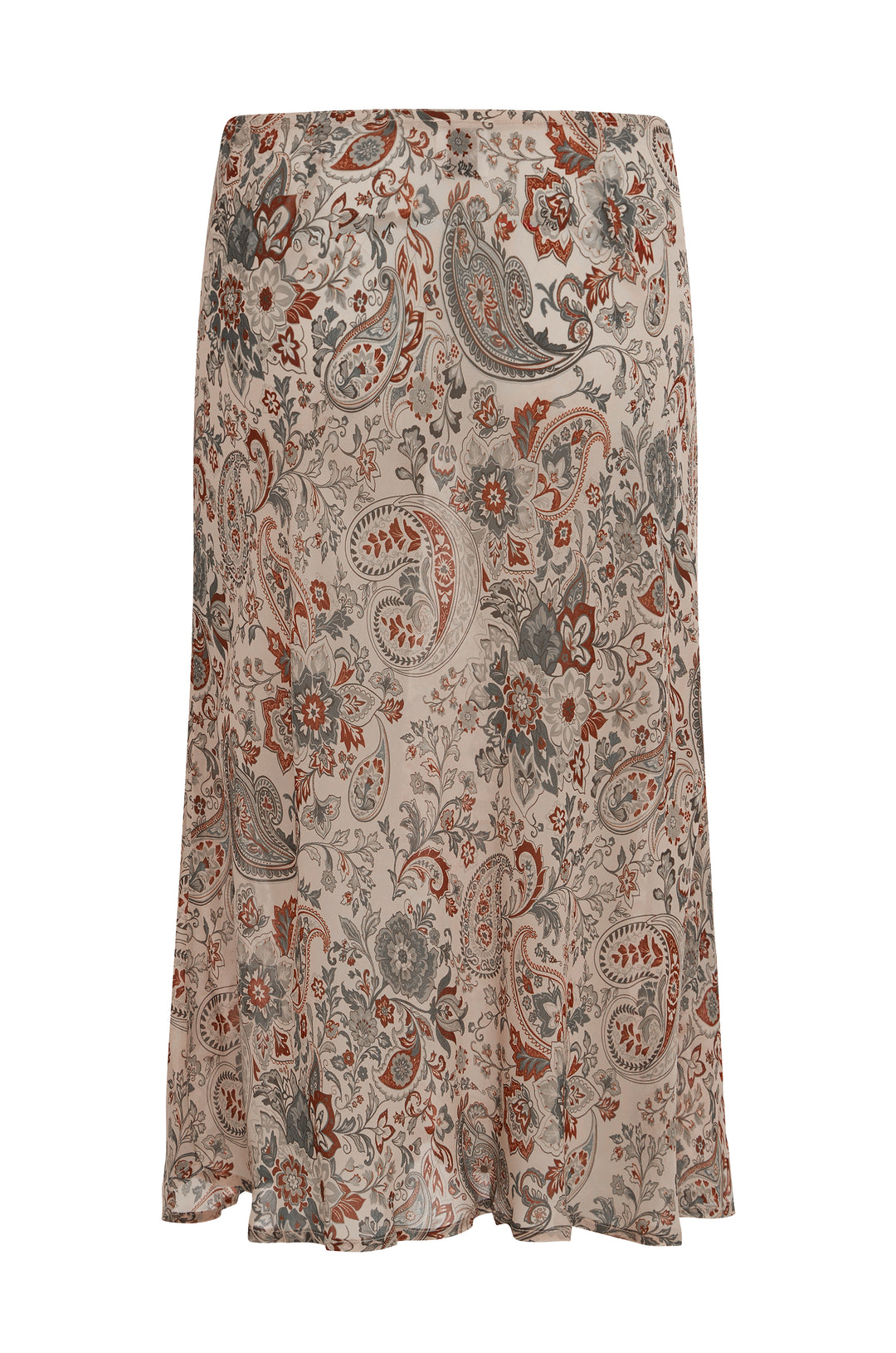 Sheer Olea midi skirt in a stone paisley print with intricate floral and swirl patterns in muted red and grey tones.