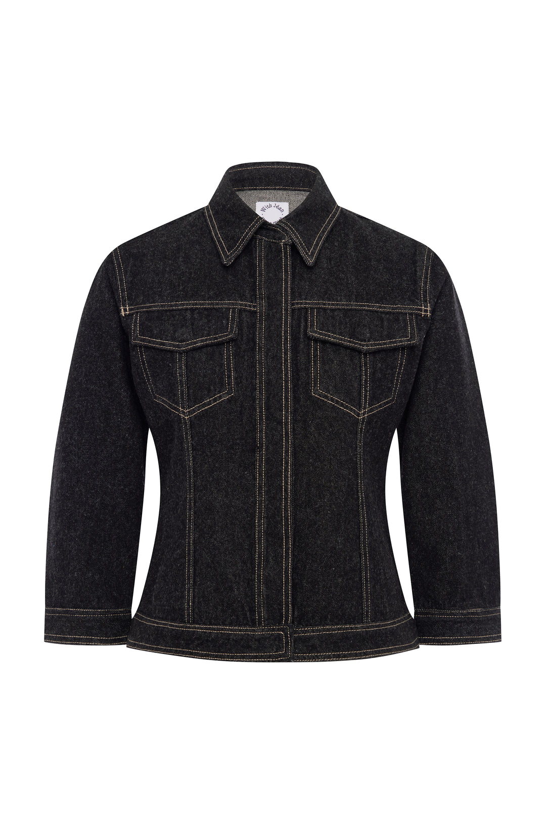 Indigo denim Olivia Jacket with 3/4 sleeves, front buttons, flap pockets, and contrast stitching.
