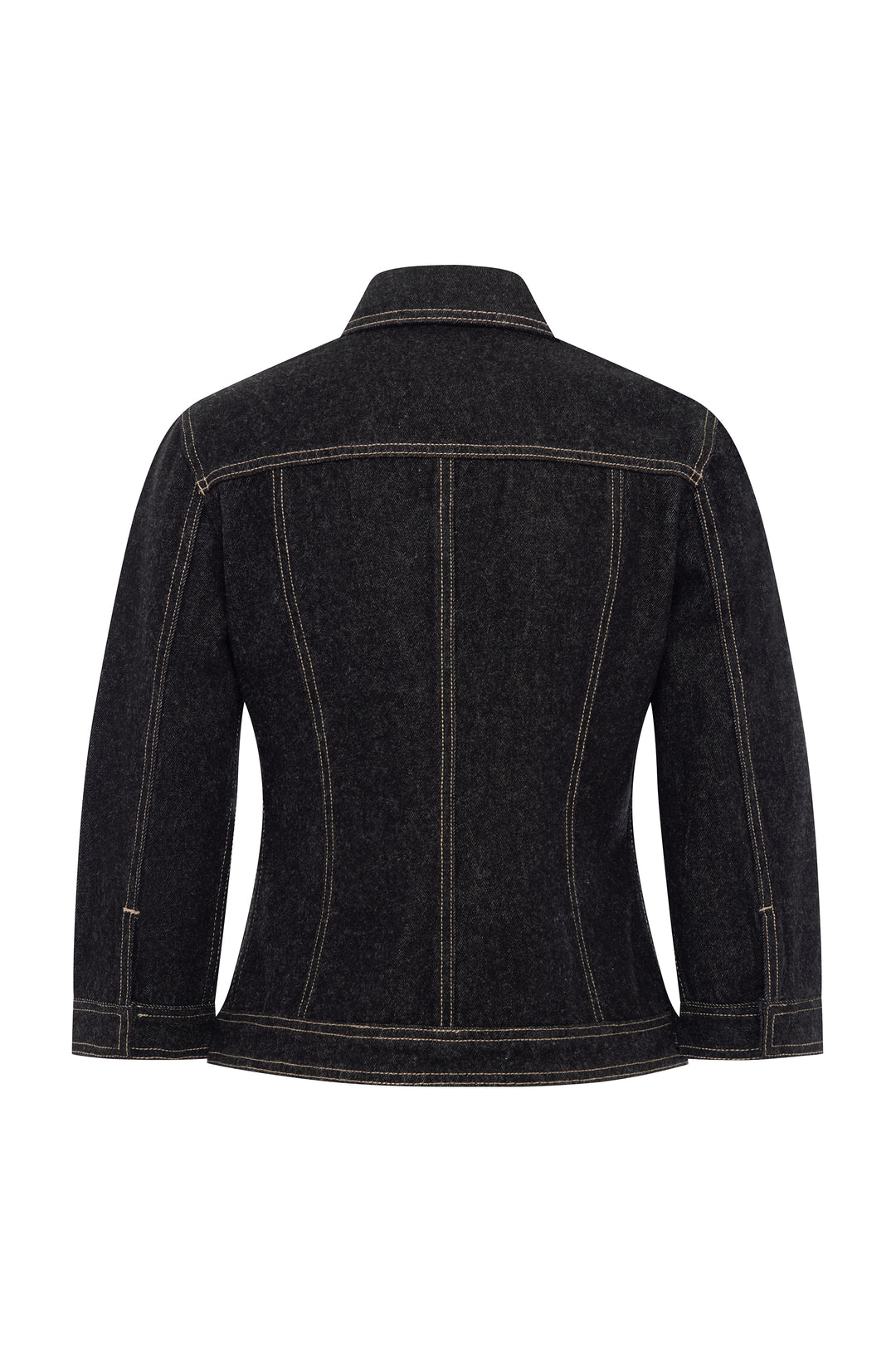Back view of an indigo denim Olivia Jacket with 3/4 sleeves and contrast stitching.