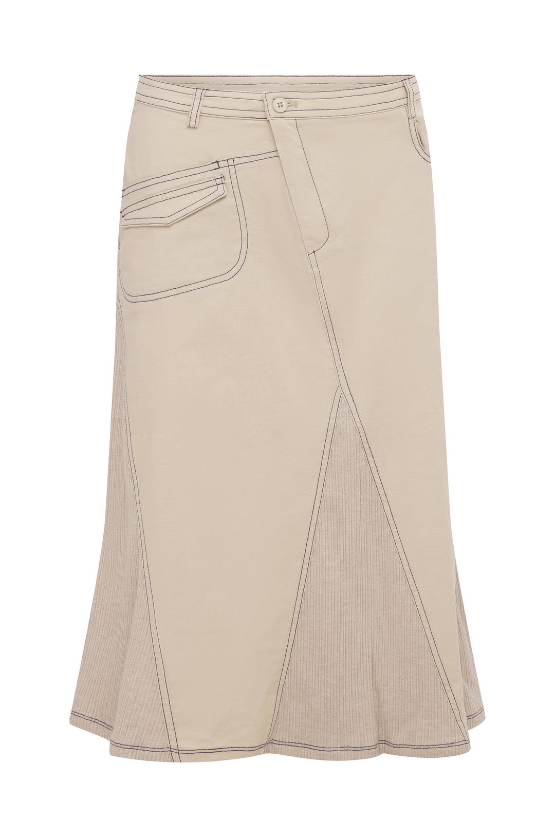 Taupe low-rise midi skirt with asymmetric pockets, contrast topstitching, and ribbed panel detailing.