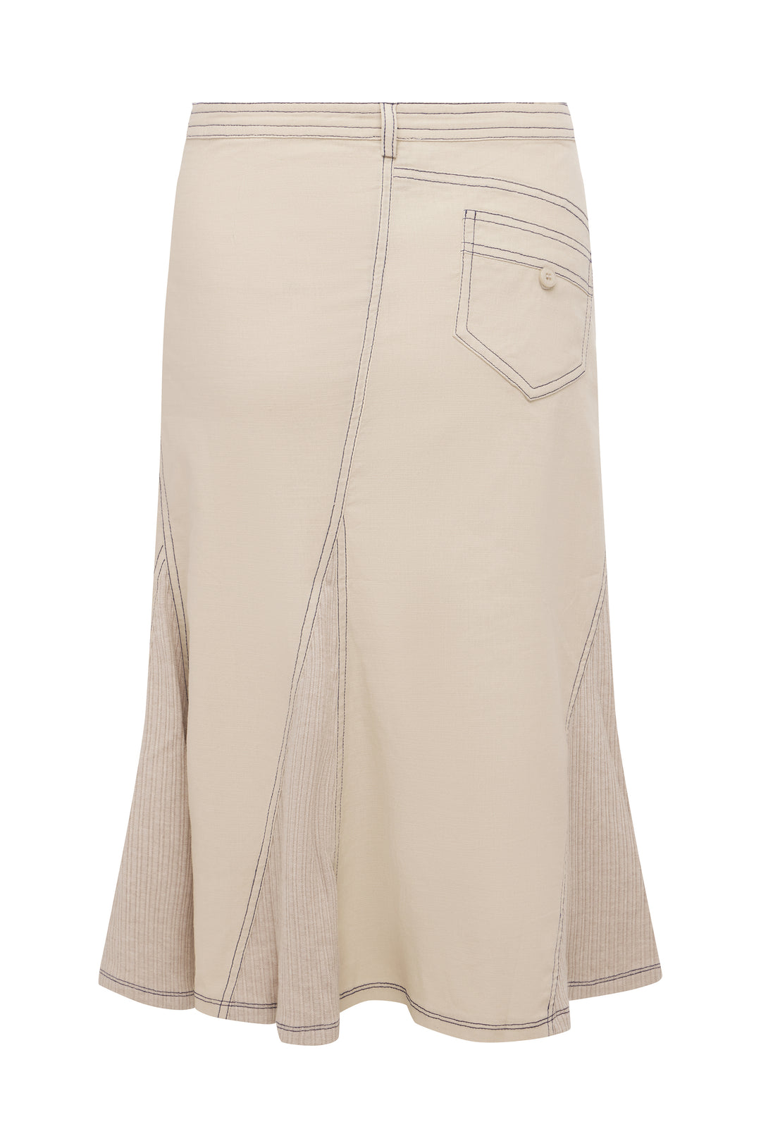 Taupe low-rise midi skirt with asymmetric pockets, contrast topstitching, and ribbed panel detailing.