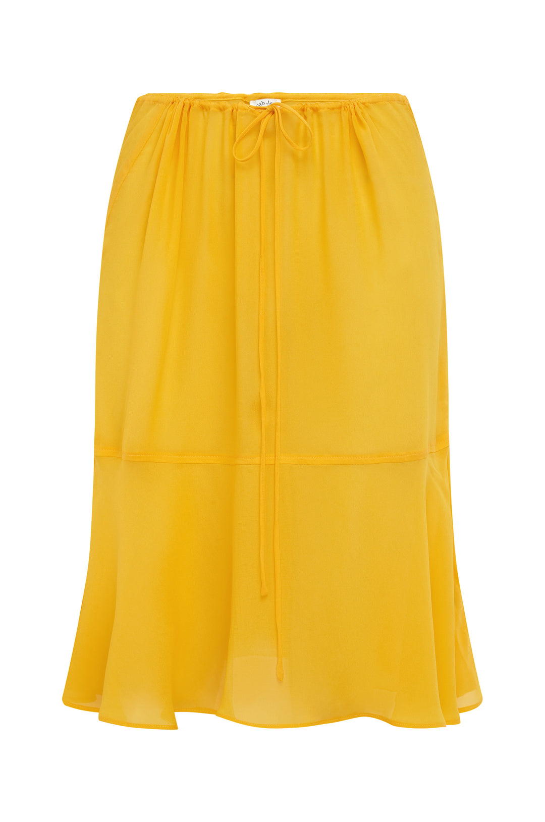 Golden yellow sheer Pali skirt with an adjustable drawstring waist, drop seam, and a flowy, curved hemline.