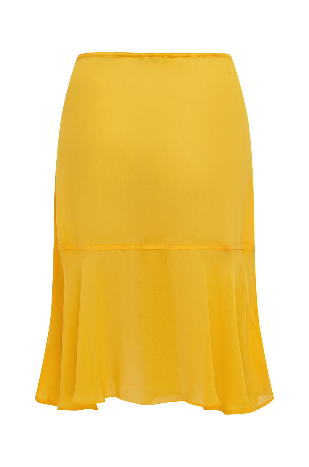 Golden yellow sheer Pali skirt with a low-rise drawstring waist, horizontal drop seam, and a flowy, curved hemline.