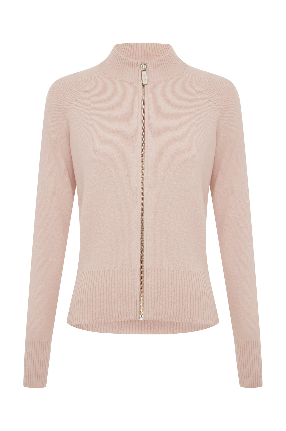 Pink Penelope Sweater: knitted long-sleeve zip-up with mock neck, raglan seams, ribbed cuffs & waistband.