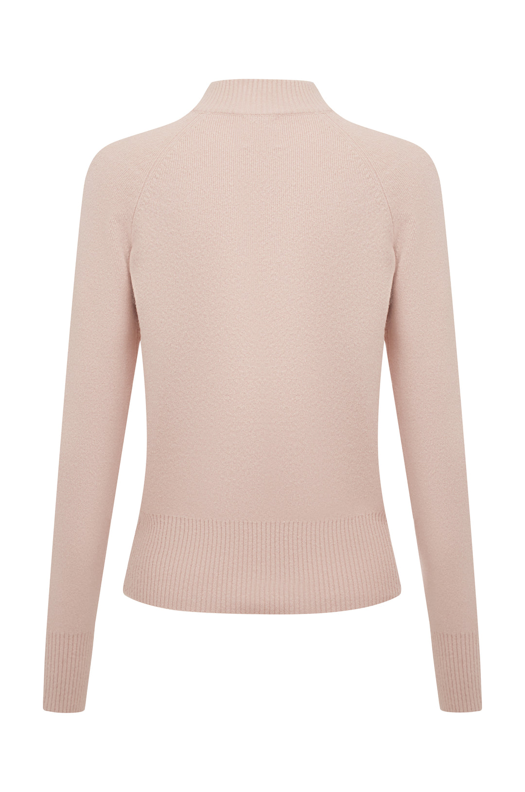 Pink Penelope Sweater, knitted long sleeve zip-up with mock neck, raglan seams, ribbed cuffs and waistband.