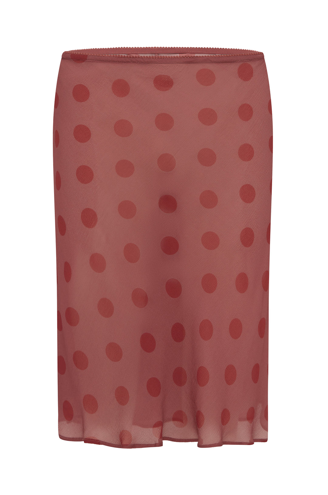 Red Dot Penny Skirt: sheer, low-rise, picot-edge elastic waistband, red polka dots.