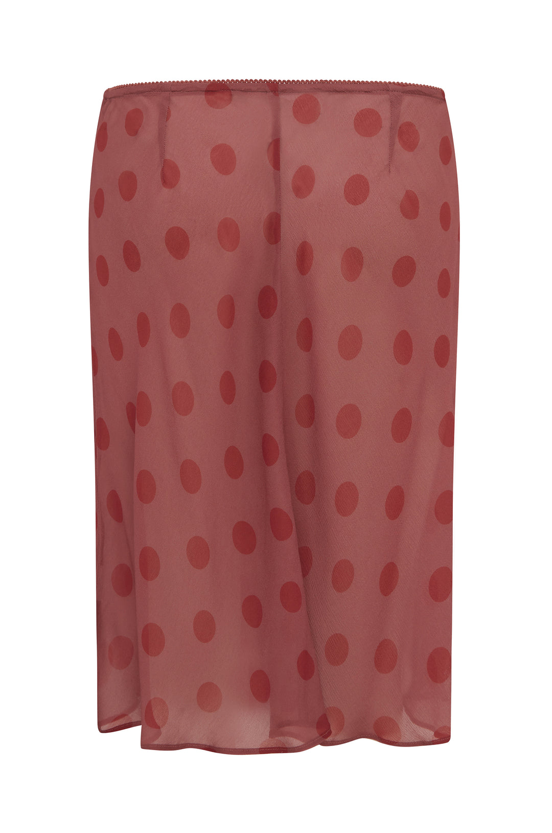Red Dot Penny Skirt: low-rise, sheer red fabric with darker red polka dots, picot-edge elastic waistband.