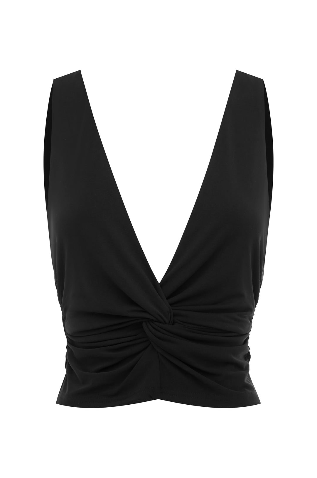 Black Piper Top, sleeveless with V-neckline and front twist detail.