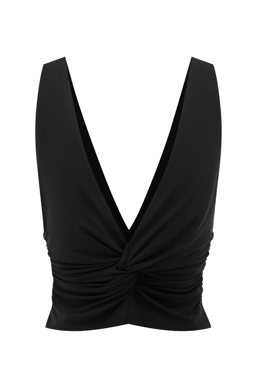 Black sleeveless Piper Top with a V-neckline and front twist detailing.