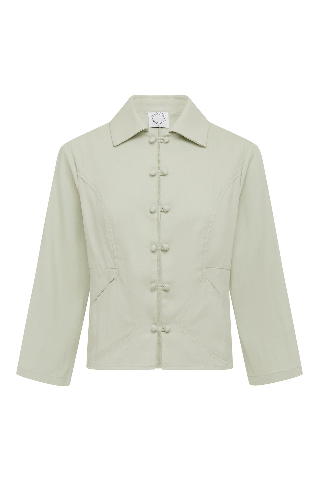 Dusty sage collared jacket with 3/4 sleeves, loop button-front closure, and front pockets.