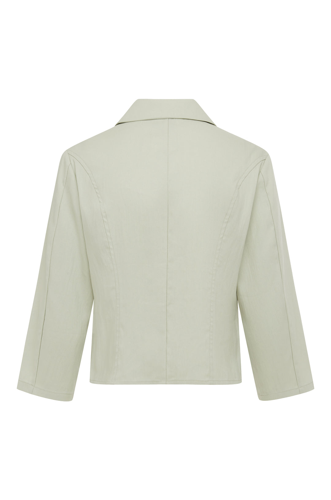 Back view of the dusty sage Reya collared jacket with 3/4 length sleeves and tailored seams.