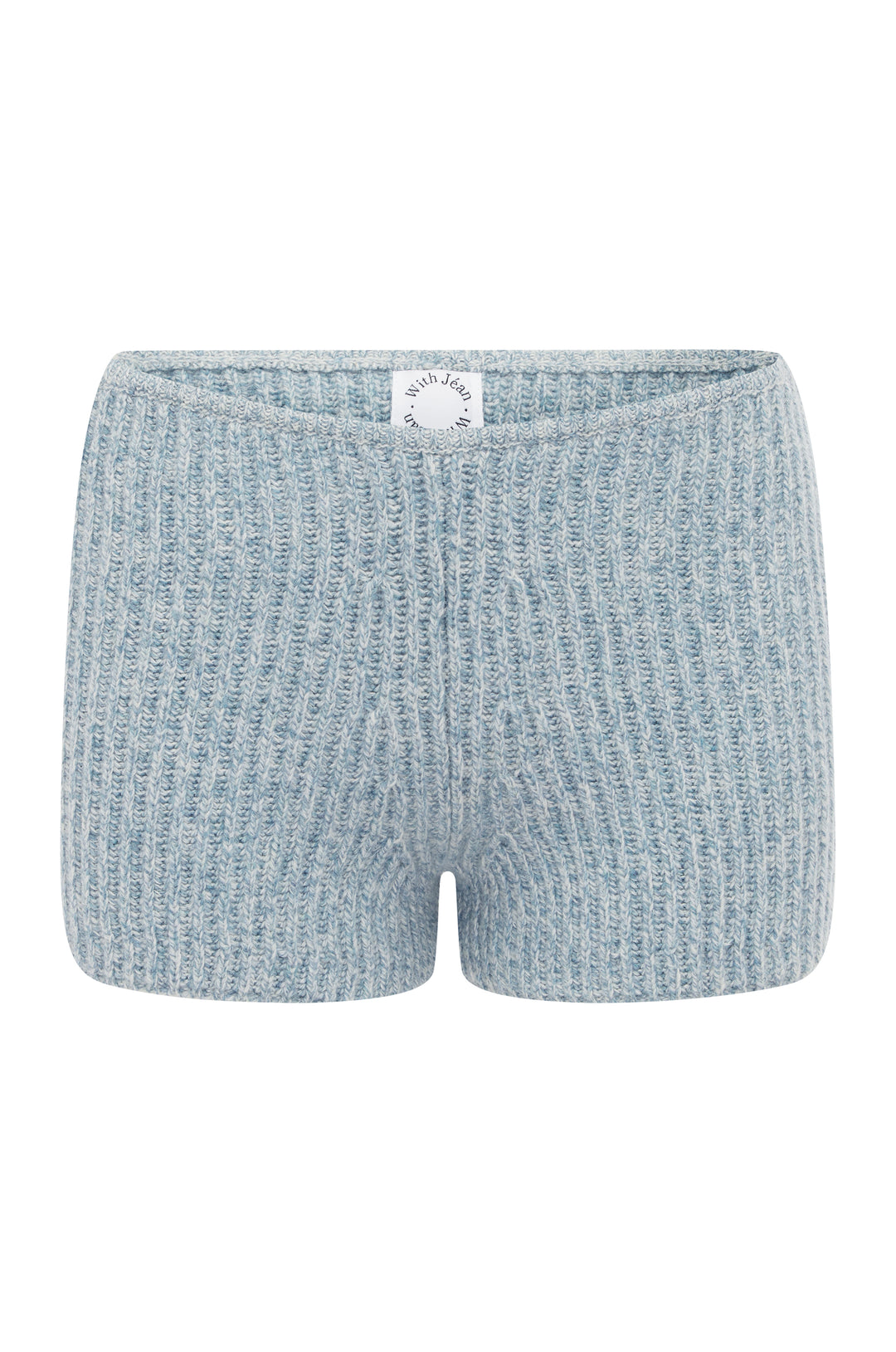 Powder blue low-rise Rory shorts in a textured rib-knit fabric with an elasticated waistband.